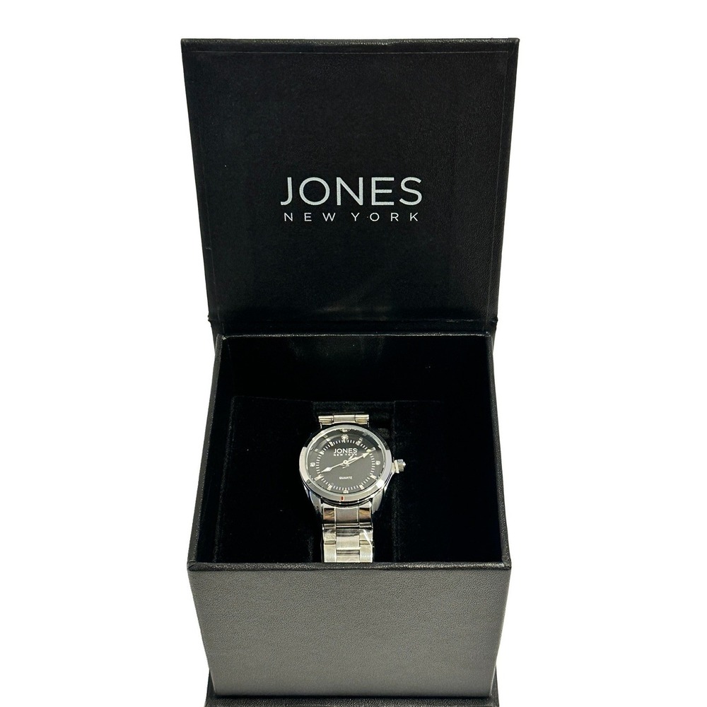Jones New York JNYW2419L Women's Silver Tone Quartz Watch Black Dial NWT Box